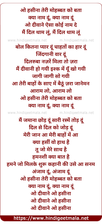 lyrics of song O Hasina Teri Mohabbat Ko Bata Kya Naam Du