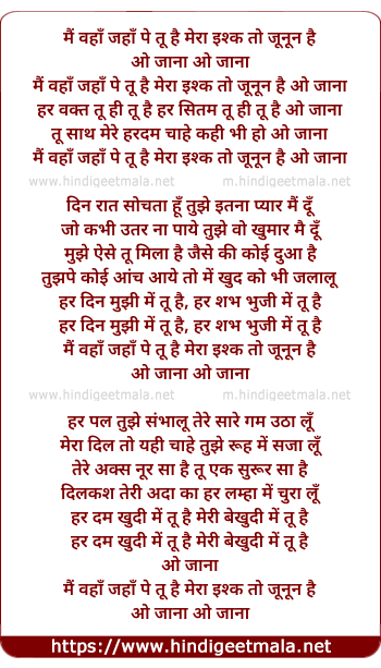 lyrics of song Main Waha Jaha Pe Tu Hai O Jaana