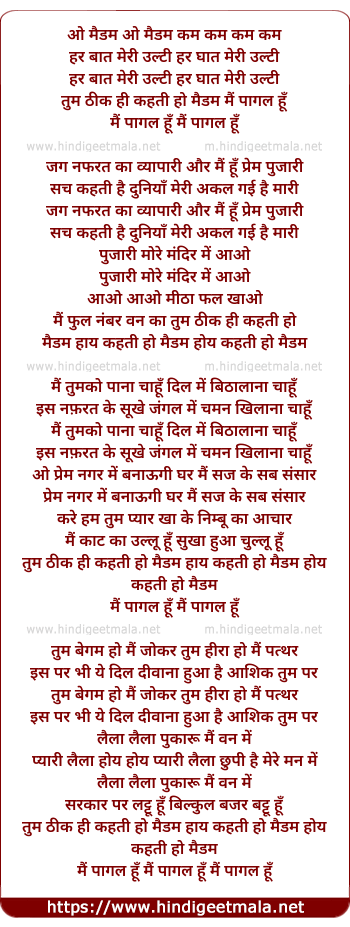 lyrics of song Mai Pagal Hu