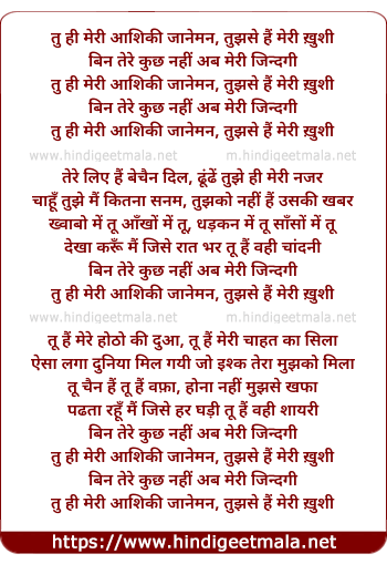 lyrics of song Tu Hi Meri Aashiqi Janeman, Tujhse Hai Meri Khushi
