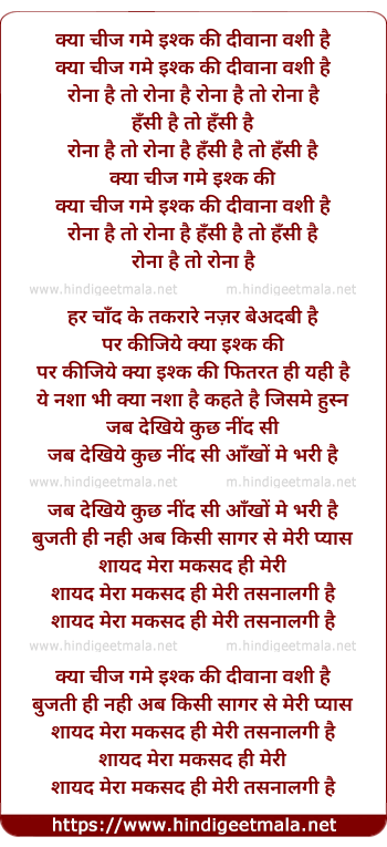 lyrics of song Kya Cheez Ghame Ishq Ki Deewana Washi Hai