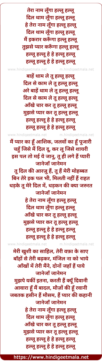 lyrics of song Tera Naam Lunga Dil Tham Lunga (Hallu Hallu)