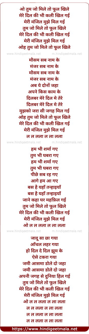 lyrics of song O Tum Jo Mile To Phul Khile
