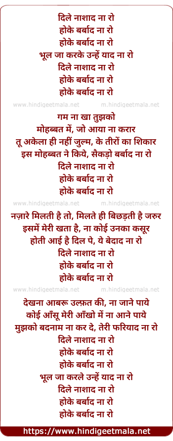 lyrics of song Dile Nashad Na Ro Ho Ke Barbad Na Ro