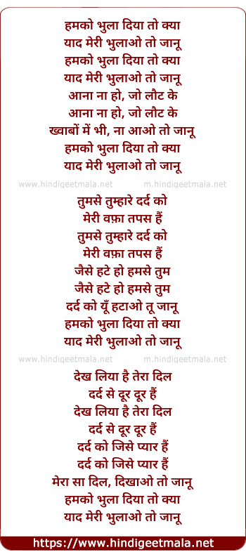 lyrics of song Humko Bhula Diya To Yaad Meri Bhulao To Janu