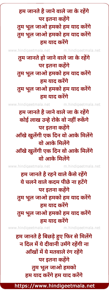 lyrics of song Hum Jaante Hai Jane Wale Ja Ke Rahenge