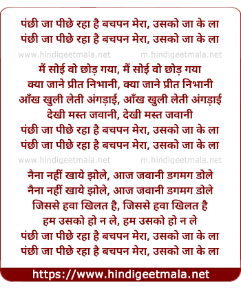 lyrics of song Panchi Jaa Piche Raha Hai Bachpan Mera