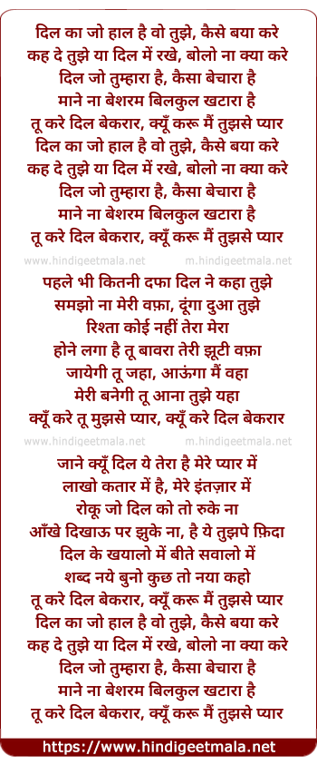 lyrics of song Dil Kaa Jo Haal Hai, Woh Tujhe Kaise Bayaan Kare (Remix)