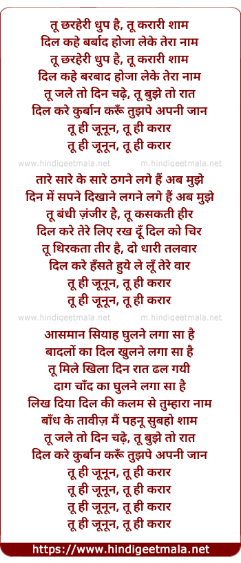 lyrics of song Tu Hi Junoon, Tu Hi Karaar