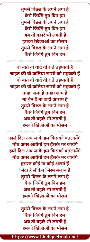 lyrics of song Tumse Bichhad Ke Lagne