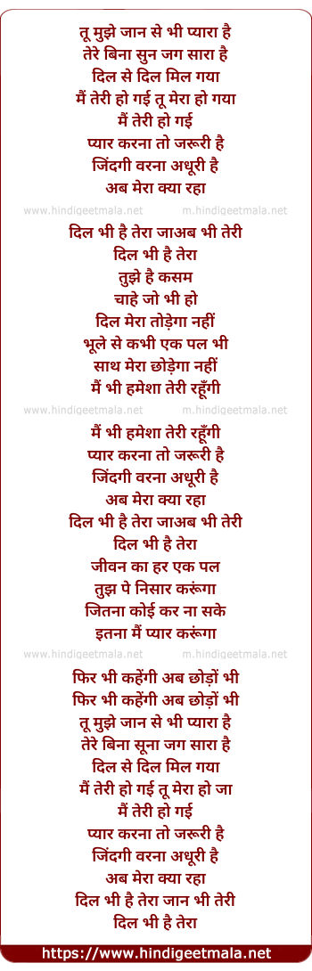lyrics of song Tu Mujhe Jaan Se Bhi