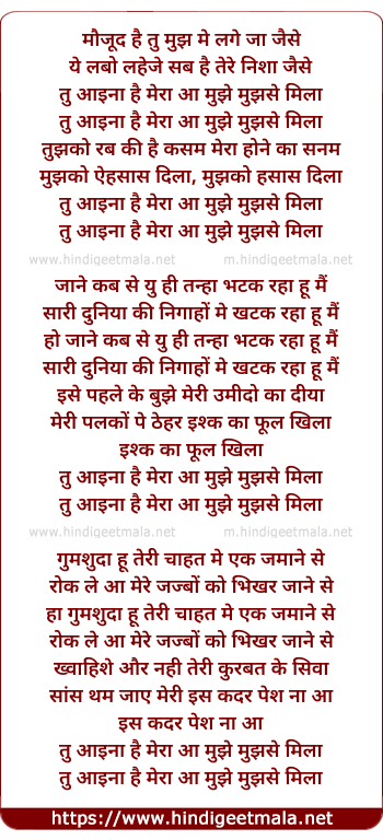 lyrics of song Tu Aaina Hai Mera