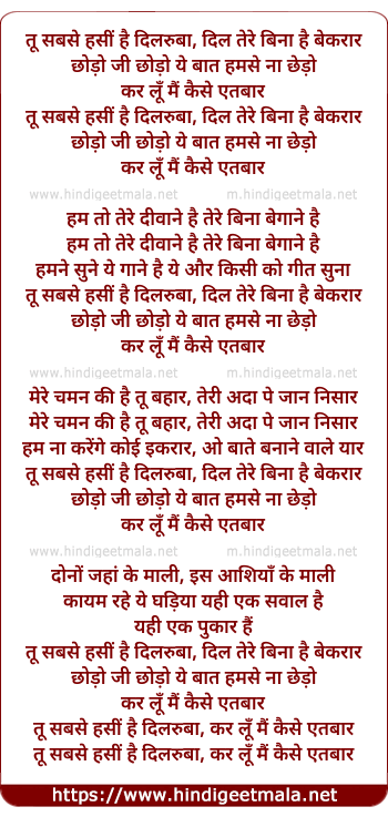 lyrics of song Tu Sab Se Haseen Hai Dilruba
