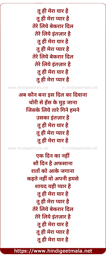 lyrics of song Tu Hi Mera Pyaar Hai