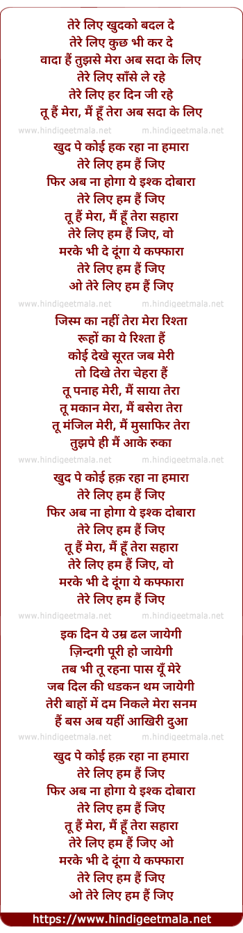 lyrics of song Tere Liye (Sanam Re)