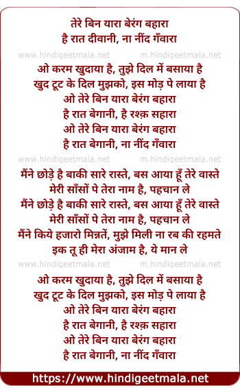 lyrics of song Tere Bin Yaara