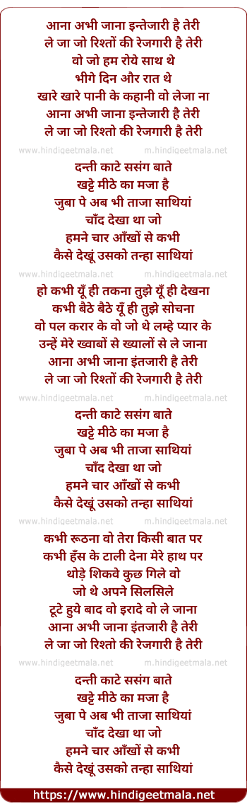 lyrics of song Aana Aa Bhi Jaana Intezari Hai Teri